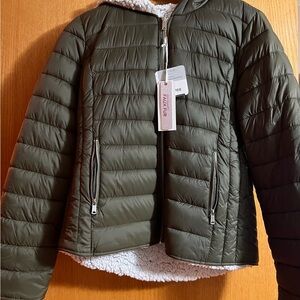Olive Green Sherpa Reversible Puffer Jacket